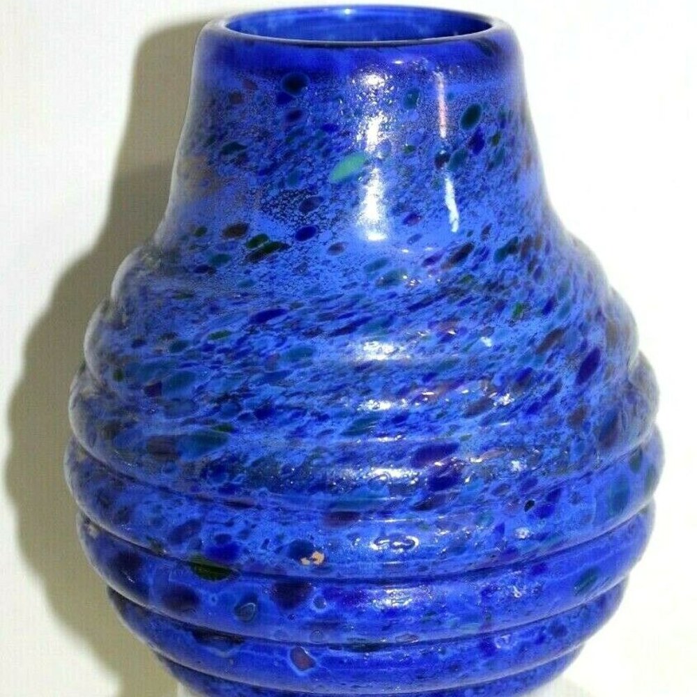 Vintage Hand Blown Blue Fused Glass Vase Ribbed Sides
